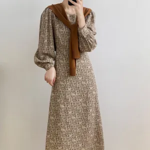 [Korean Style] Chic Round Neck Puff-Sleeve Floral Print Midi Dress