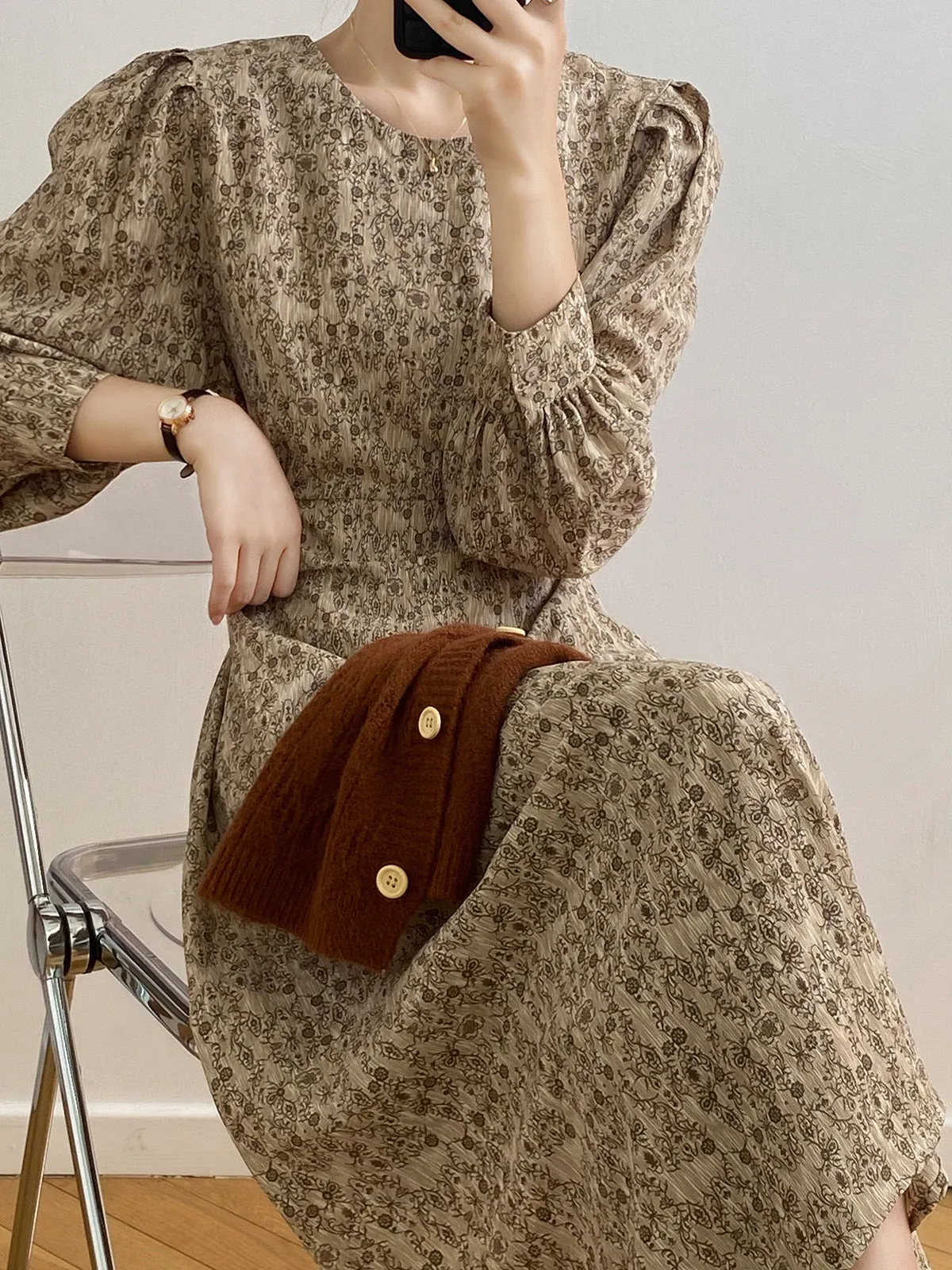 [Korean Style] Chic Round Neck Puff-Sleeve Floral Print Midi Dress