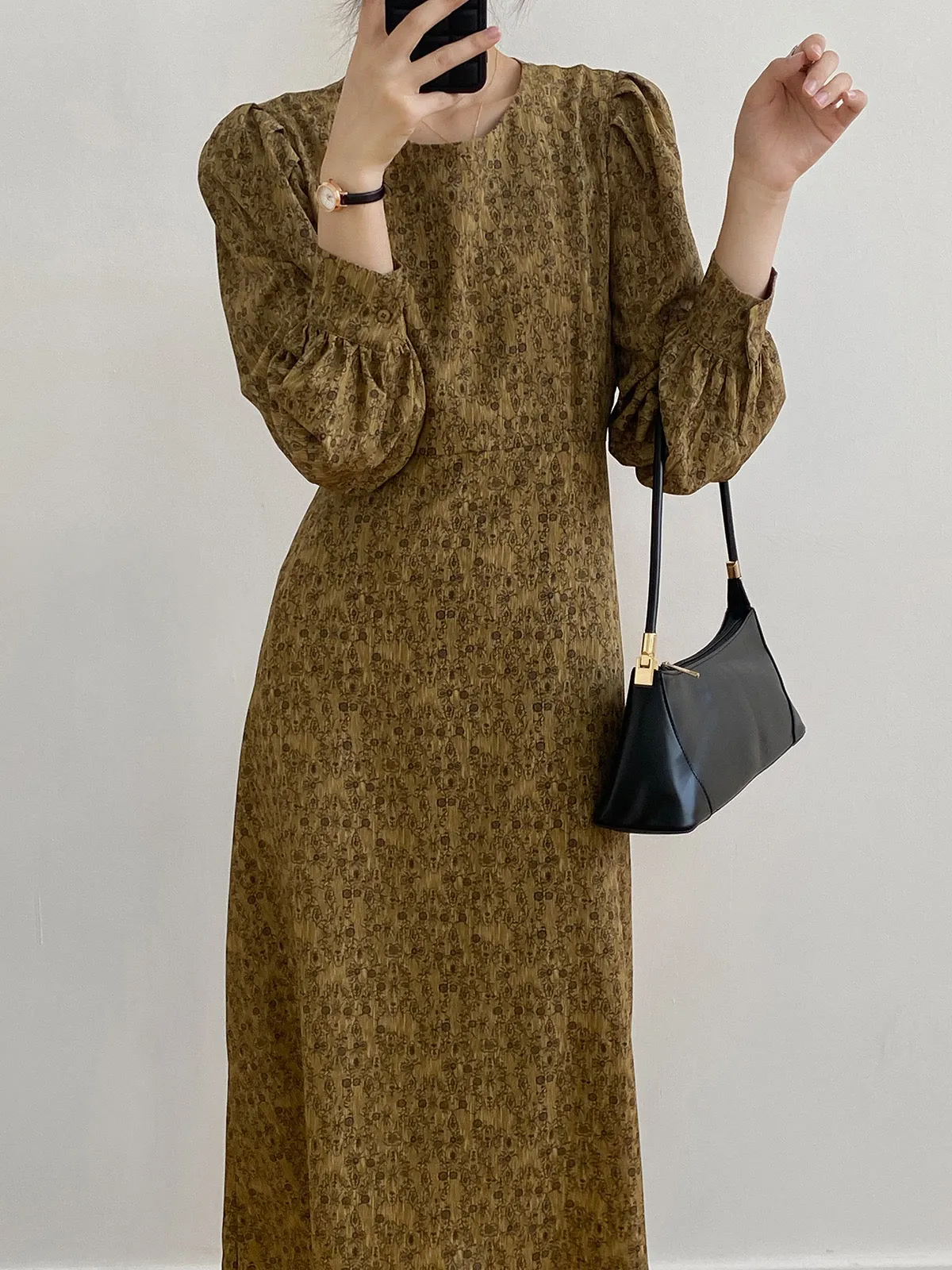 [Korean Style] Chic Round Neck Puff-Sleeve Floral Print Midi Dress