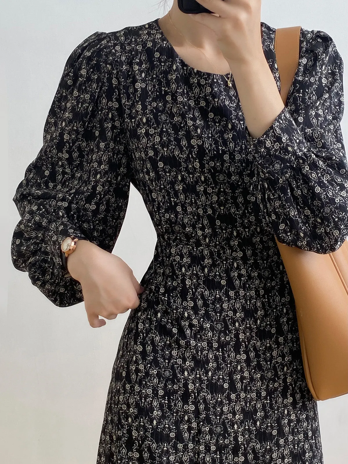 [Korean Style] Chic Round Neck Puff-Sleeve Floral Print Midi Dress