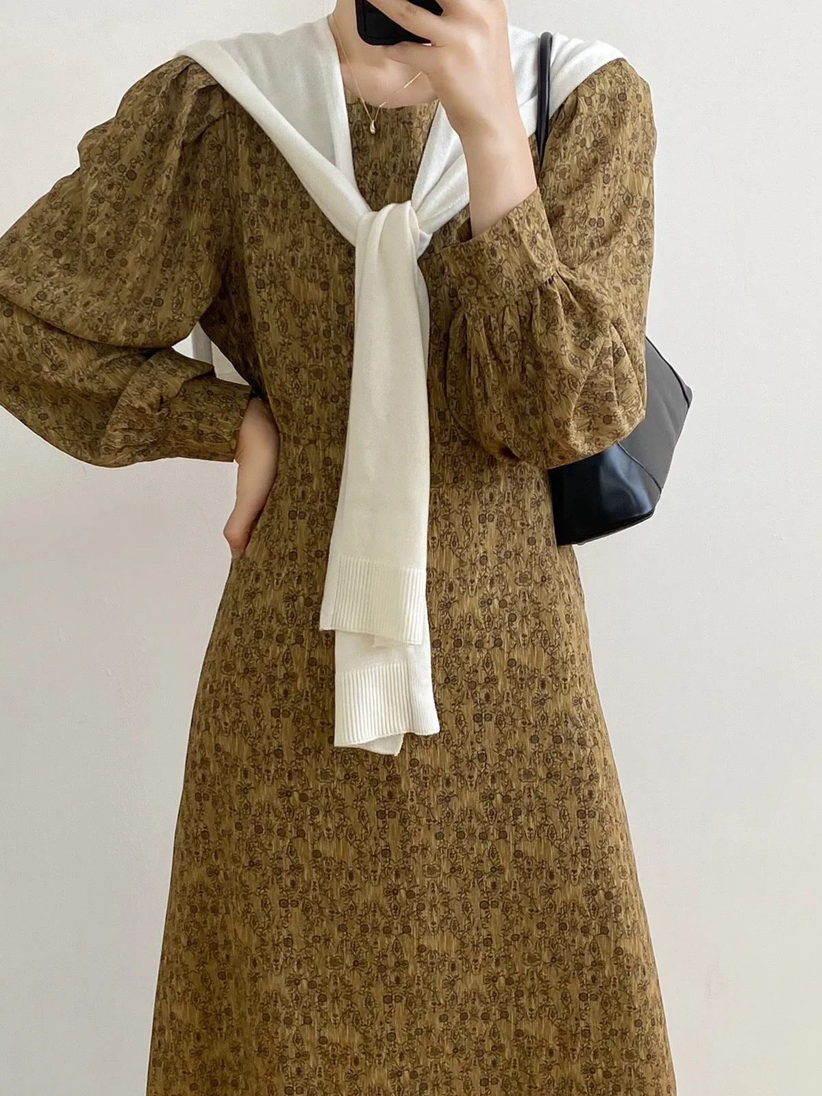 [Korean Style] Chic Round Neck Puff-Sleeve Floral Print Midi Dress