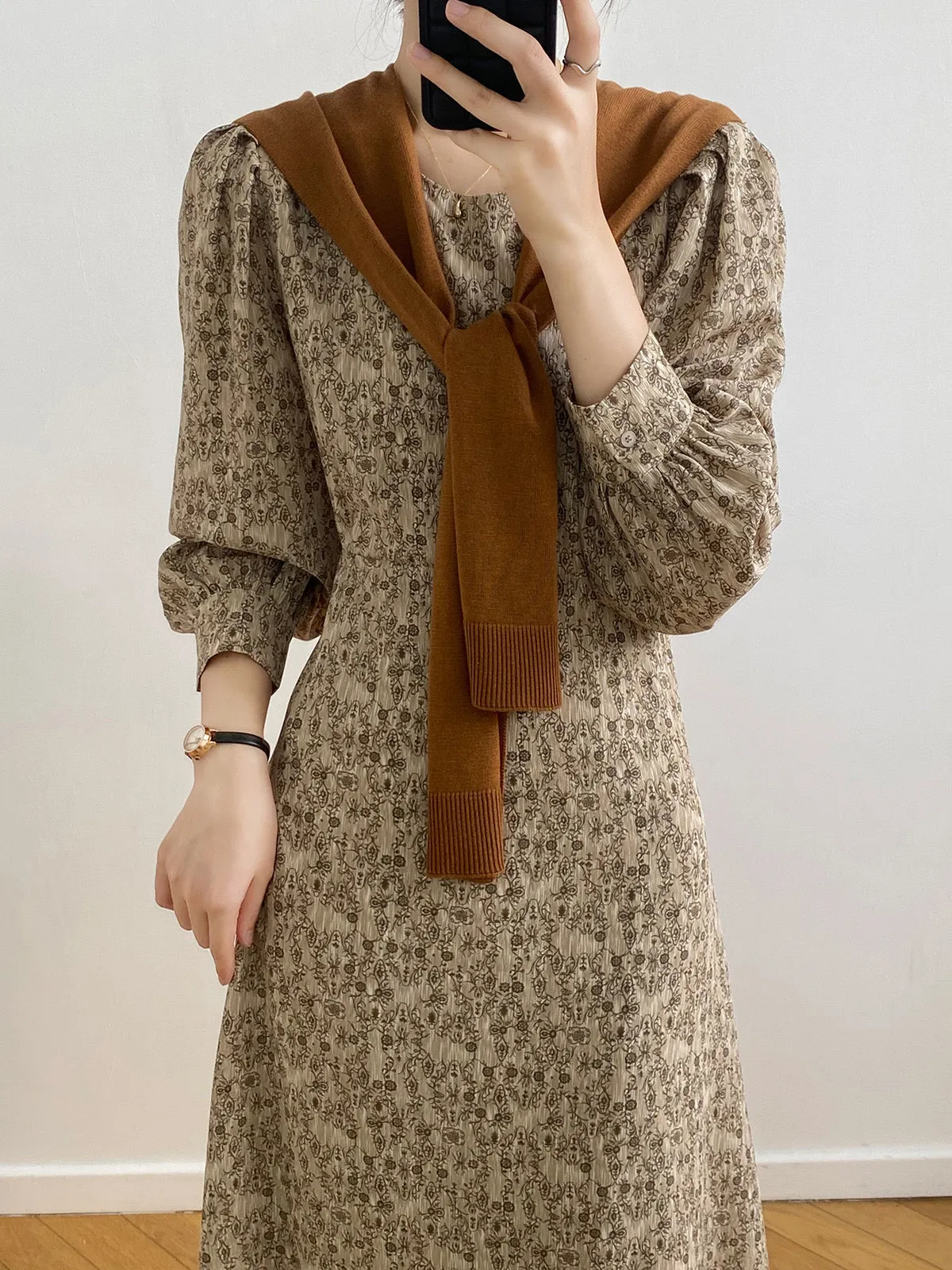 [Korean Style] Chic Round Neck Puff-Sleeve Floral Print Midi Dress