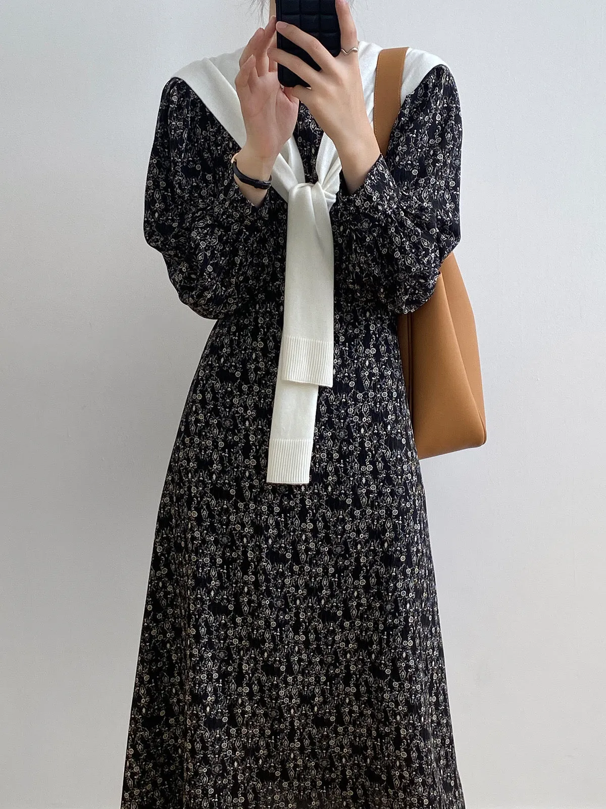 [Korean Style] Chic Round Neck Puff-Sleeve Floral Print Midi Dress