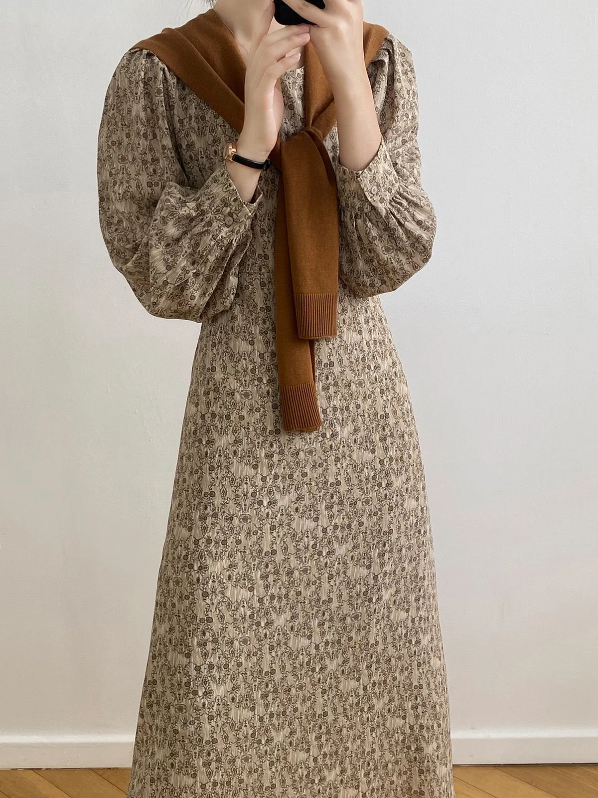 [Korean Style] Chic Round Neck Puff-Sleeve Floral Print Midi Dress