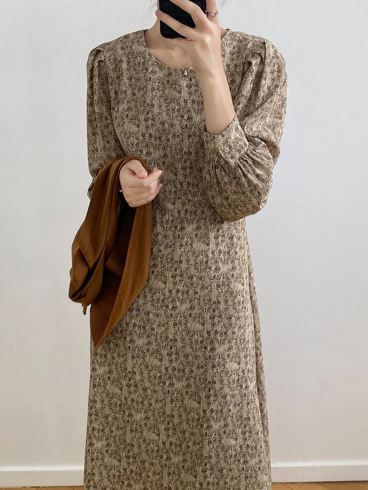 [Korean Style] Chic Round Neck Puff-Sleeve Floral Print Midi Dress