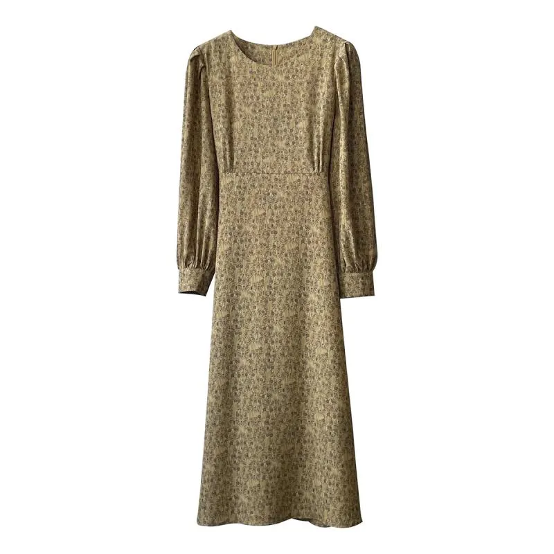 [Korean Style] Chic Round Neck Puff-Sleeve Floral Print Midi Dress