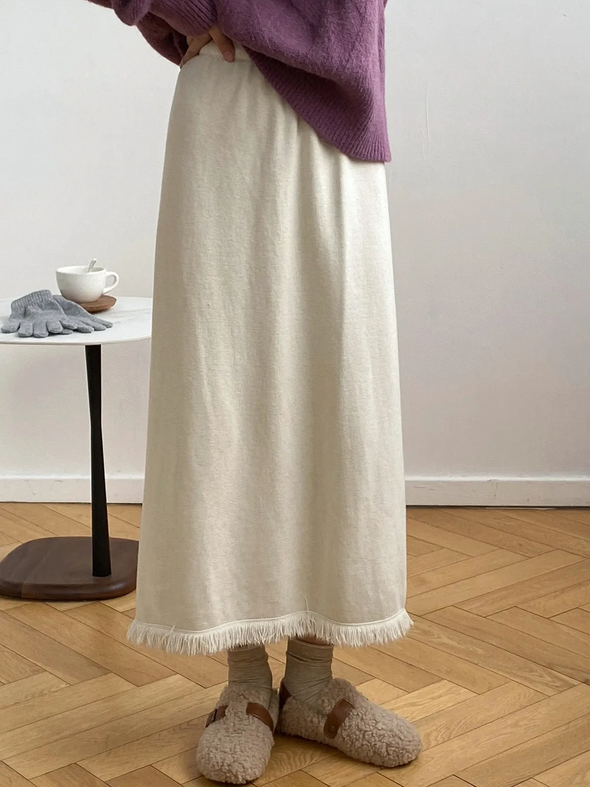 [Korean Style] Cinched Waist Frayed Hem Winter Long Skirt w/ Back Slit