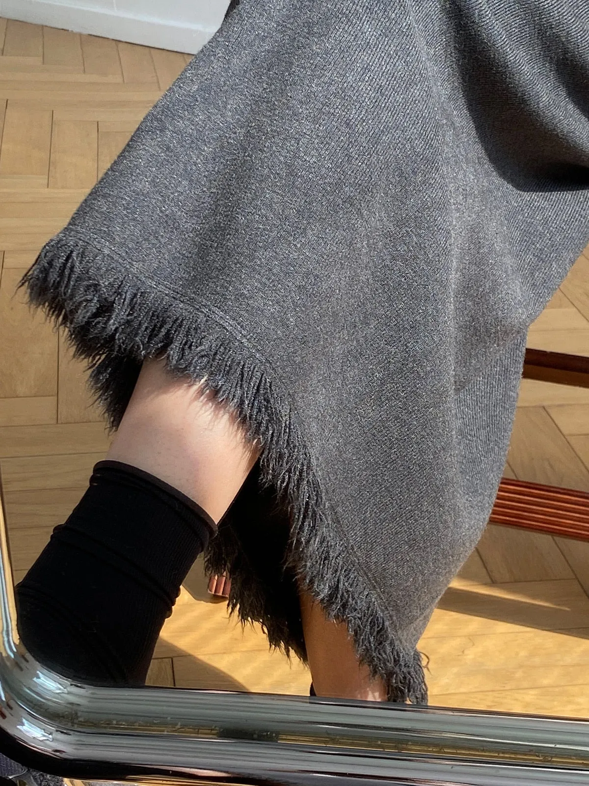 [Korean Style] Cinched Waist Frayed Hem Winter Long Skirt w/ Back Slit