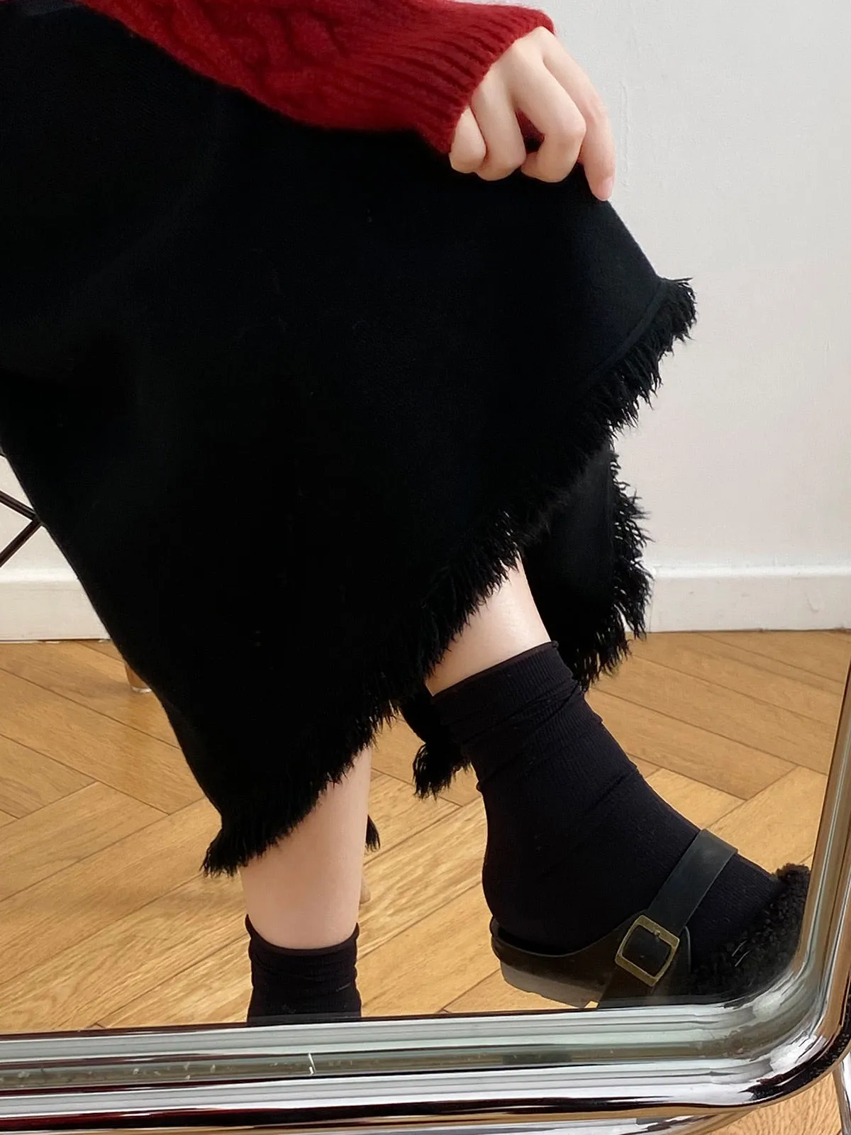 [Korean Style] Cinched Waist Frayed Hem Winter Long Skirt w/ Back Slit