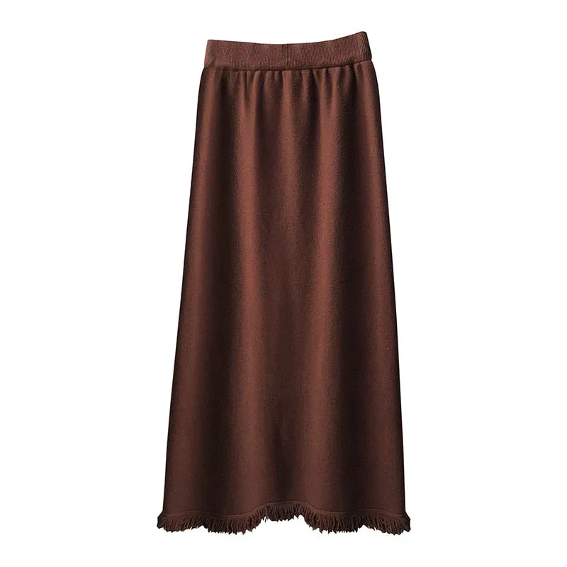 [Korean Style] Cinched Waist Frayed Hem Winter Long Skirt w/ Back Slit