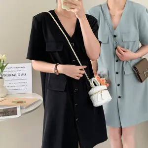 [Korean Style] Collarless V-neck Button Front One Piece Mini Dress