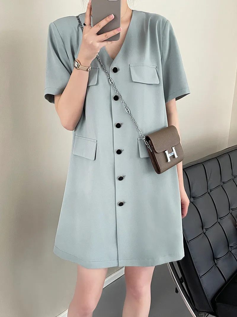 [Korean Style] Collarless V-neck Button Front One Piece Mini Dress