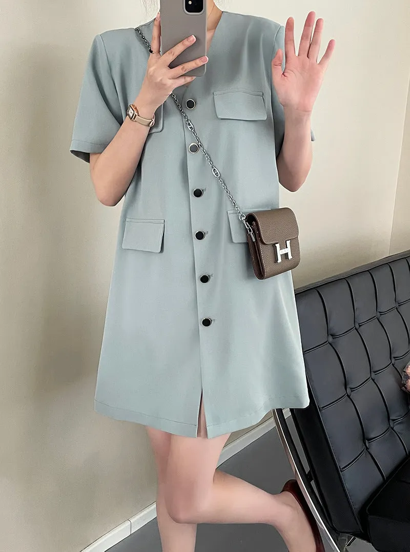 [Korean Style] Collarless V-neck Button Front One Piece Mini Dress