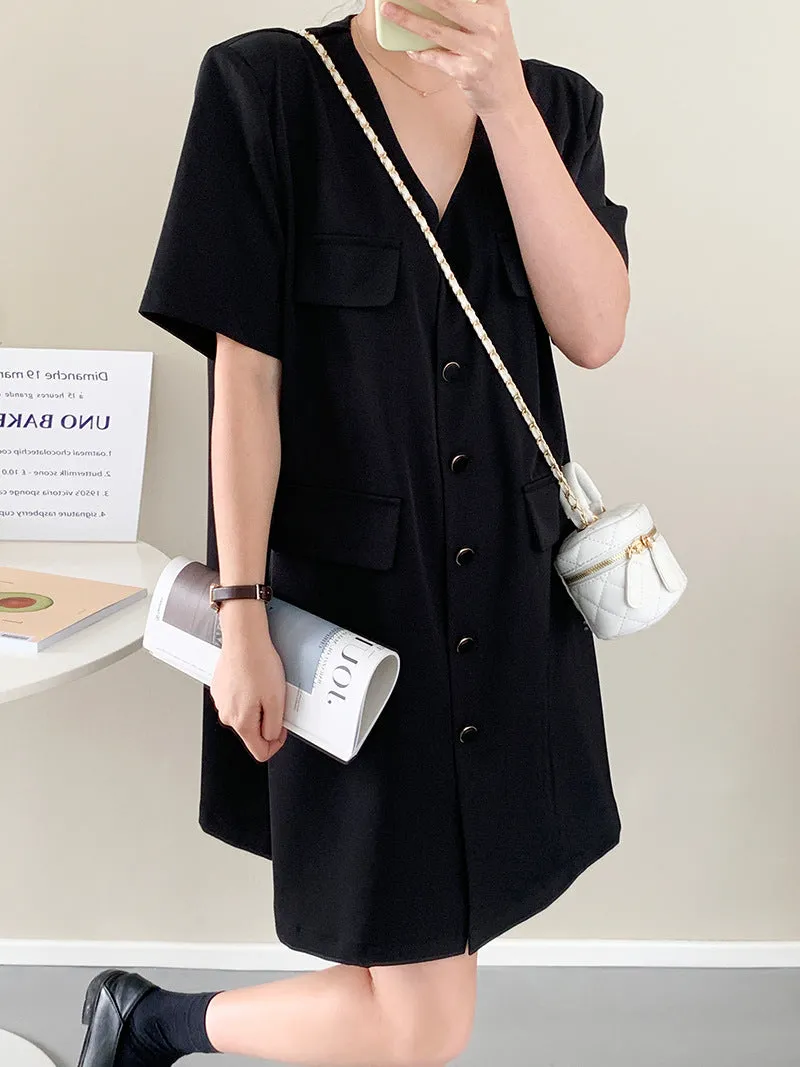 [Korean Style] Collarless V-neck Button Front One Piece Mini Dress
