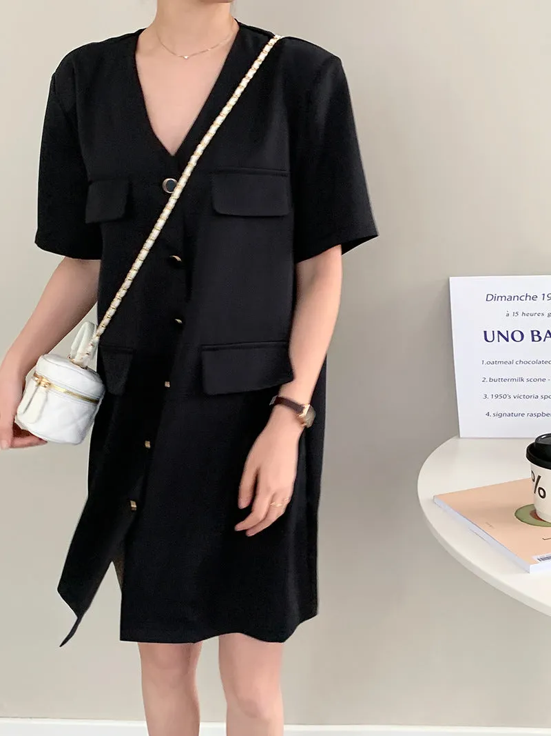 [Korean Style] Collarless V-neck Button Front One Piece Mini Dress