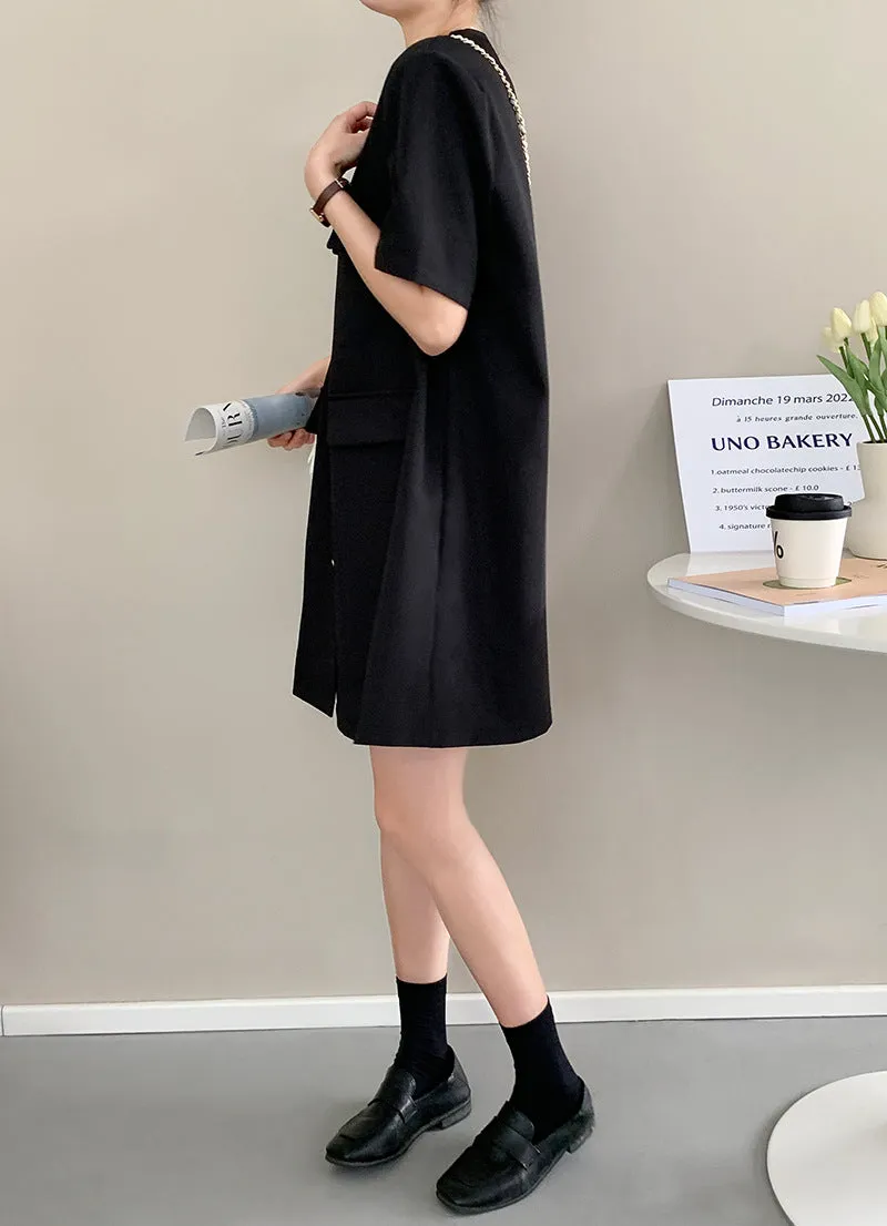 [Korean Style] Collarless V-neck Button Front One Piece Mini Dress