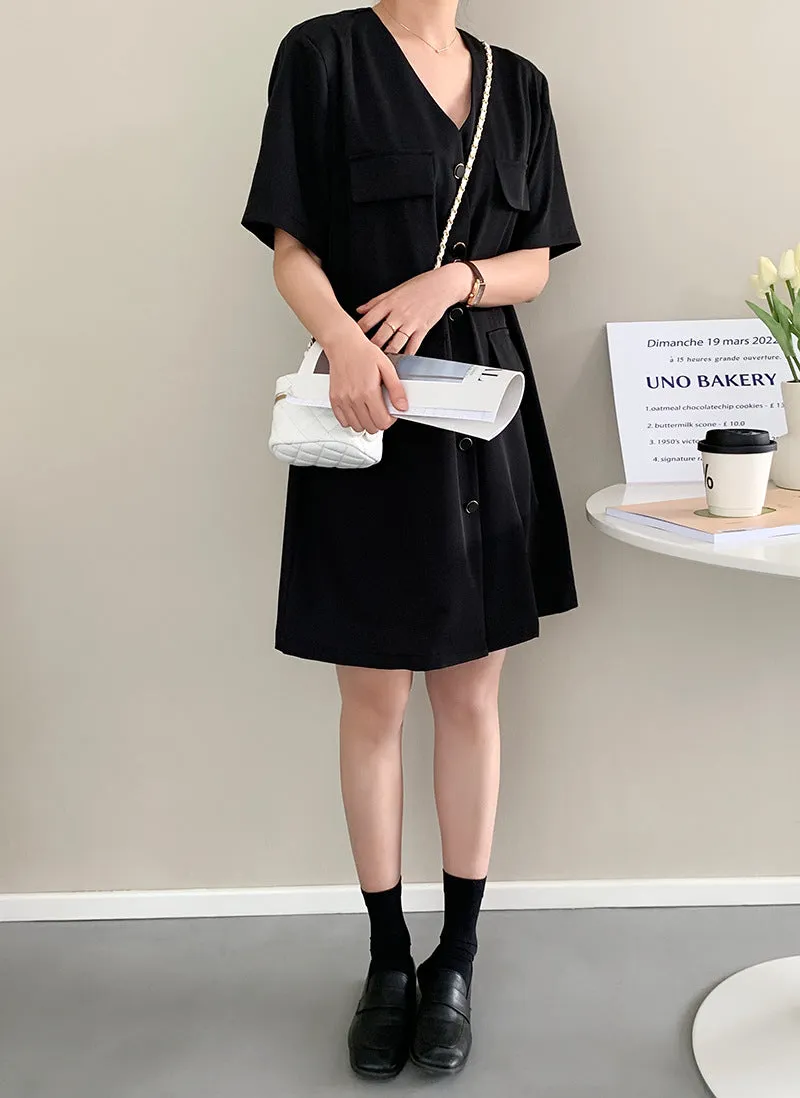 [Korean Style] Collarless V-neck Button Front One Piece Mini Dress
