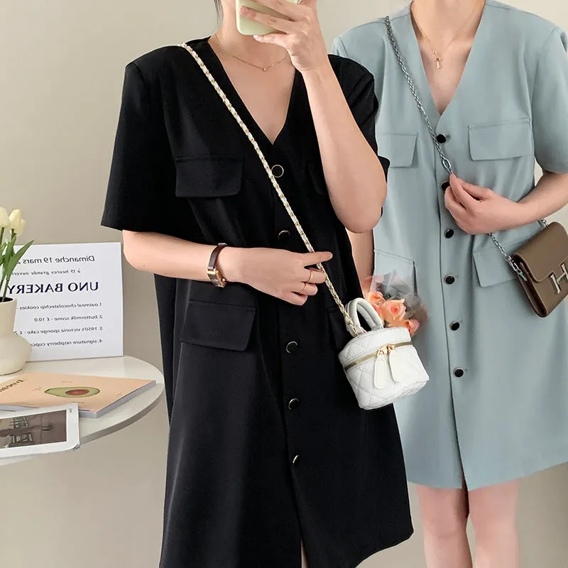 [Korean Style] Collarless V-neck Button Front One Piece Mini Dress