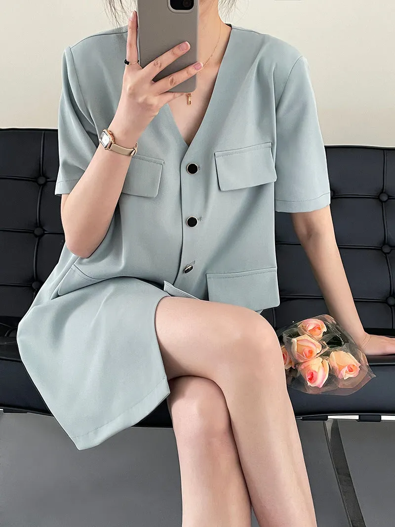 [Korean Style] Collarless V-neck Button Front One Piece Mini Dress