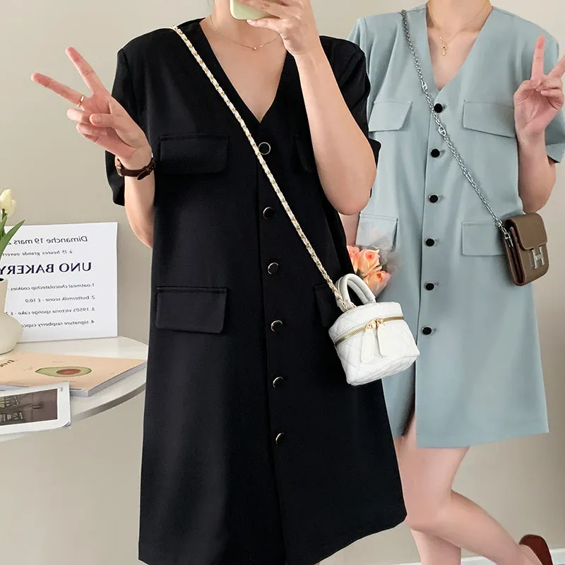 [Korean Style] Collarless V-neck Button Front One Piece Mini Dress