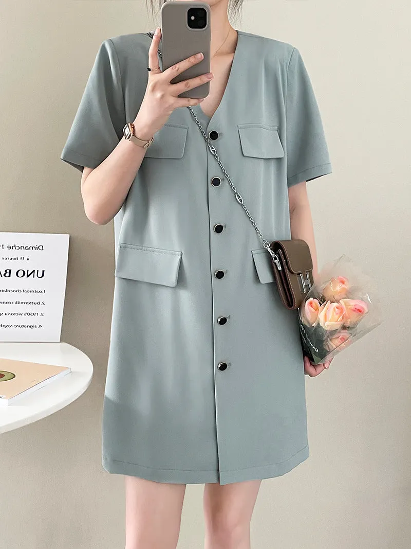 [Korean Style] Collarless V-neck Button Front One Piece Mini Dress