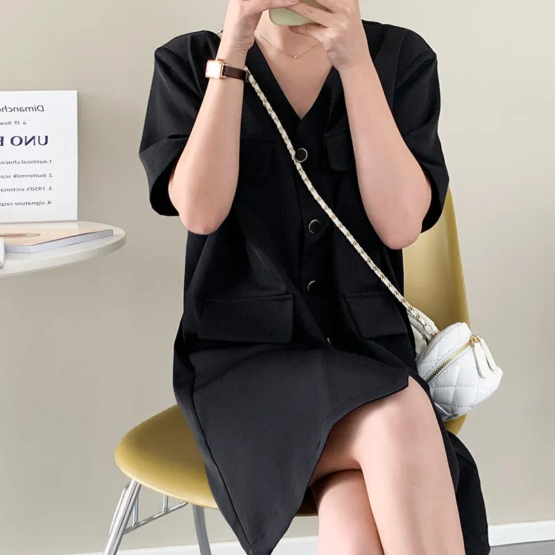 [Korean Style] Collarless V-neck Button Front One Piece Mini Dress