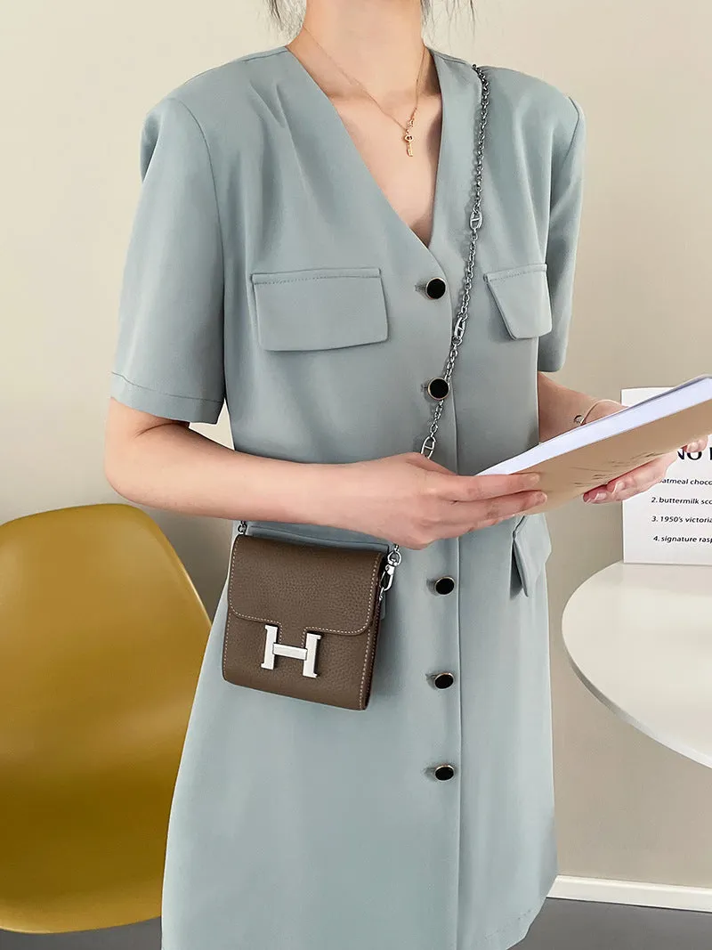 [Korean Style] Collarless V-neck Button Front One Piece Mini Dress