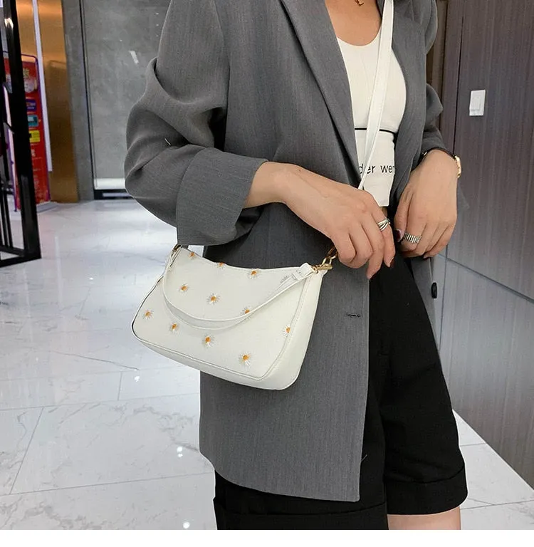 Korean Style Embroidered Daisy Shoulder Bag