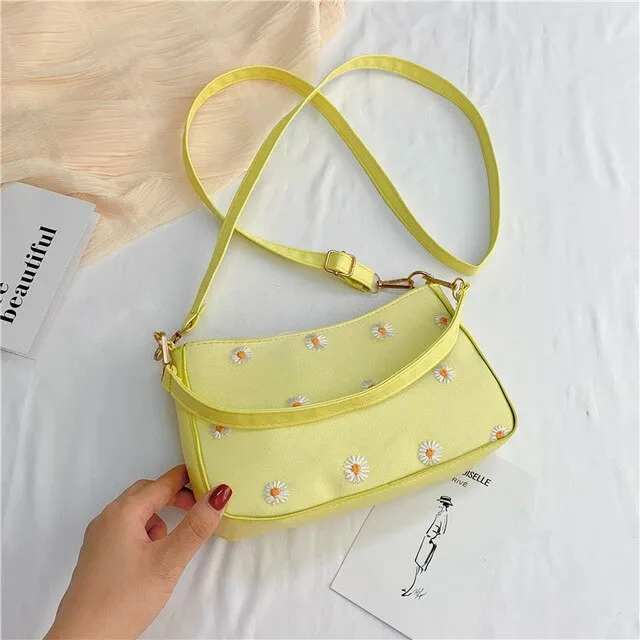 Korean Style Embroidered Daisy Shoulder Bag