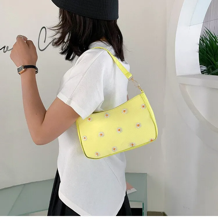 Korean Style Embroidered Daisy Shoulder Bag