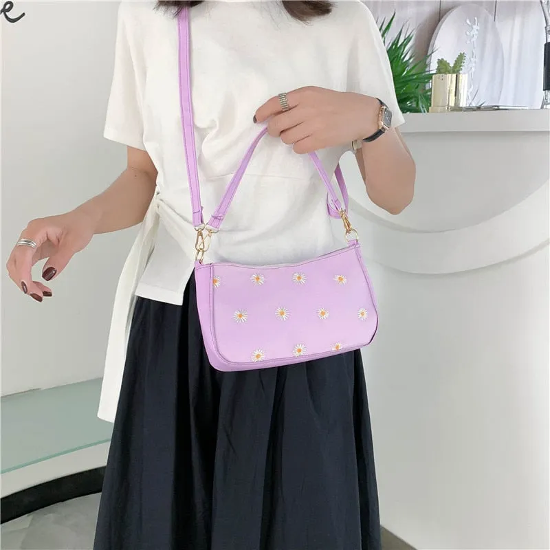 Korean Style Embroidered Daisy Shoulder Bag