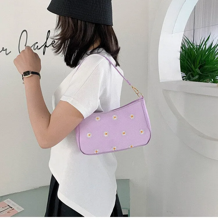 Korean Style Embroidered Daisy Shoulder Bag