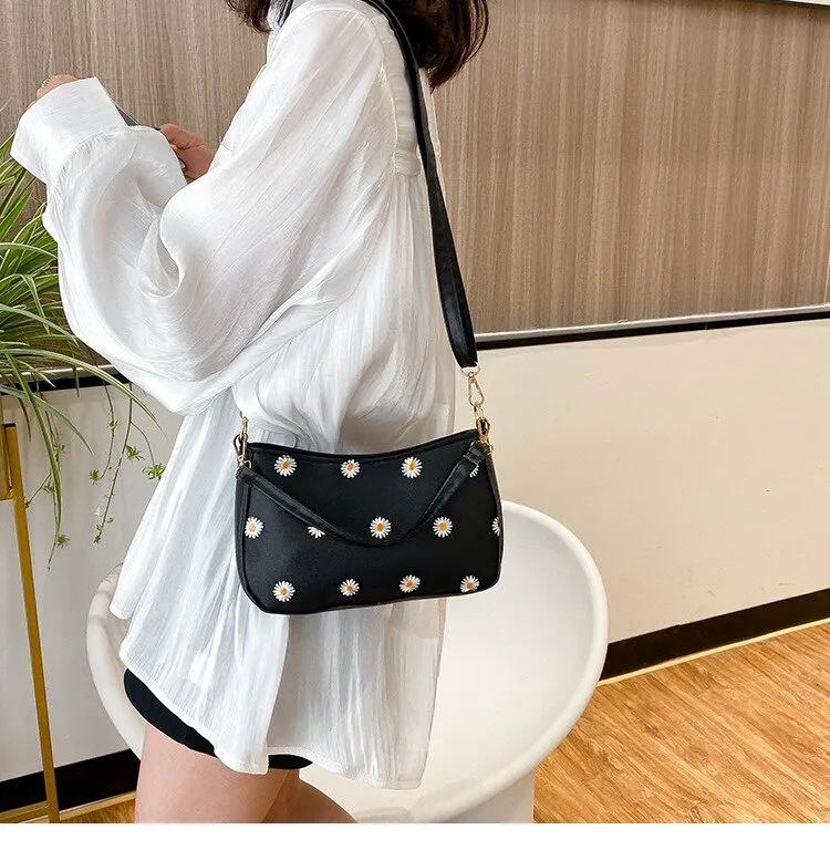 Korean Style Embroidered Daisy Shoulder Bag