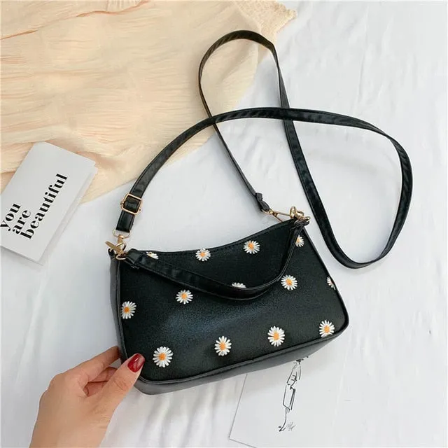 Korean Style Embroidered Daisy Shoulder Bag