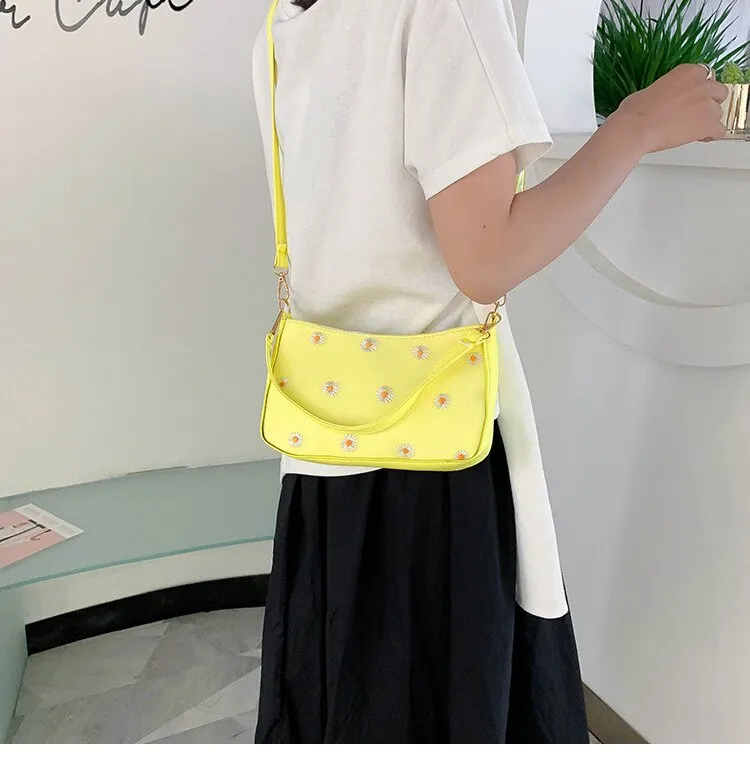 Korean Style Embroidered Daisy Shoulder Bag