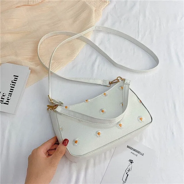 Korean Style Embroidered Daisy Shoulder Bag