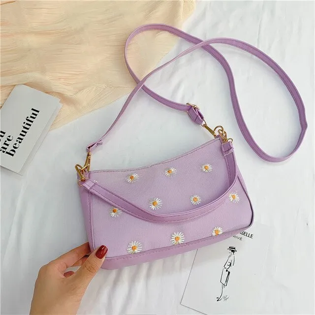 Korean Style Embroidered Daisy Shoulder Bag