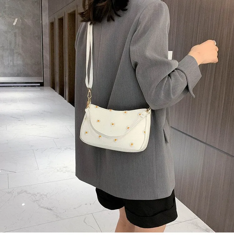 Korean Style Embroidered Daisy Shoulder Bag