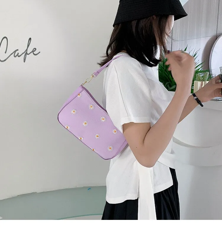 Korean Style Embroidered Daisy Shoulder Bag