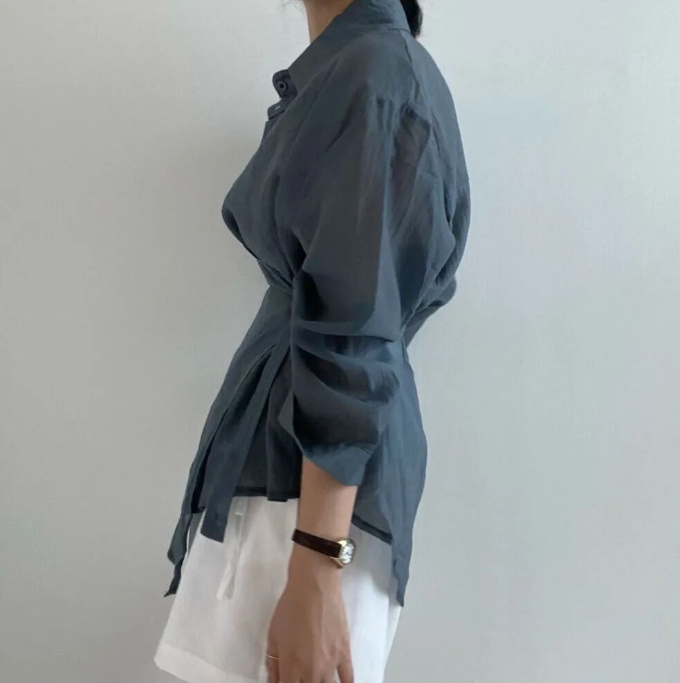 [Korean Style] Irregular Drawstring Belted See-through Blouse