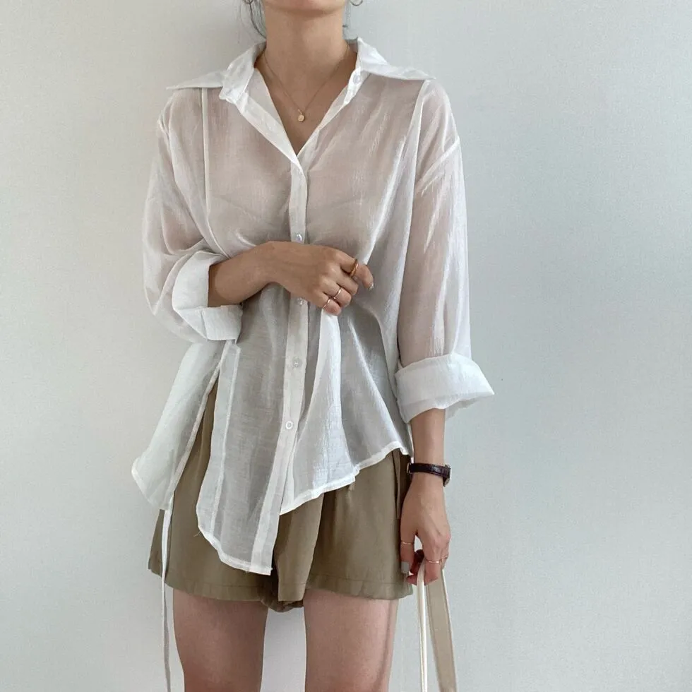 [Korean Style] Irregular Drawstring Belted See-through Blouse