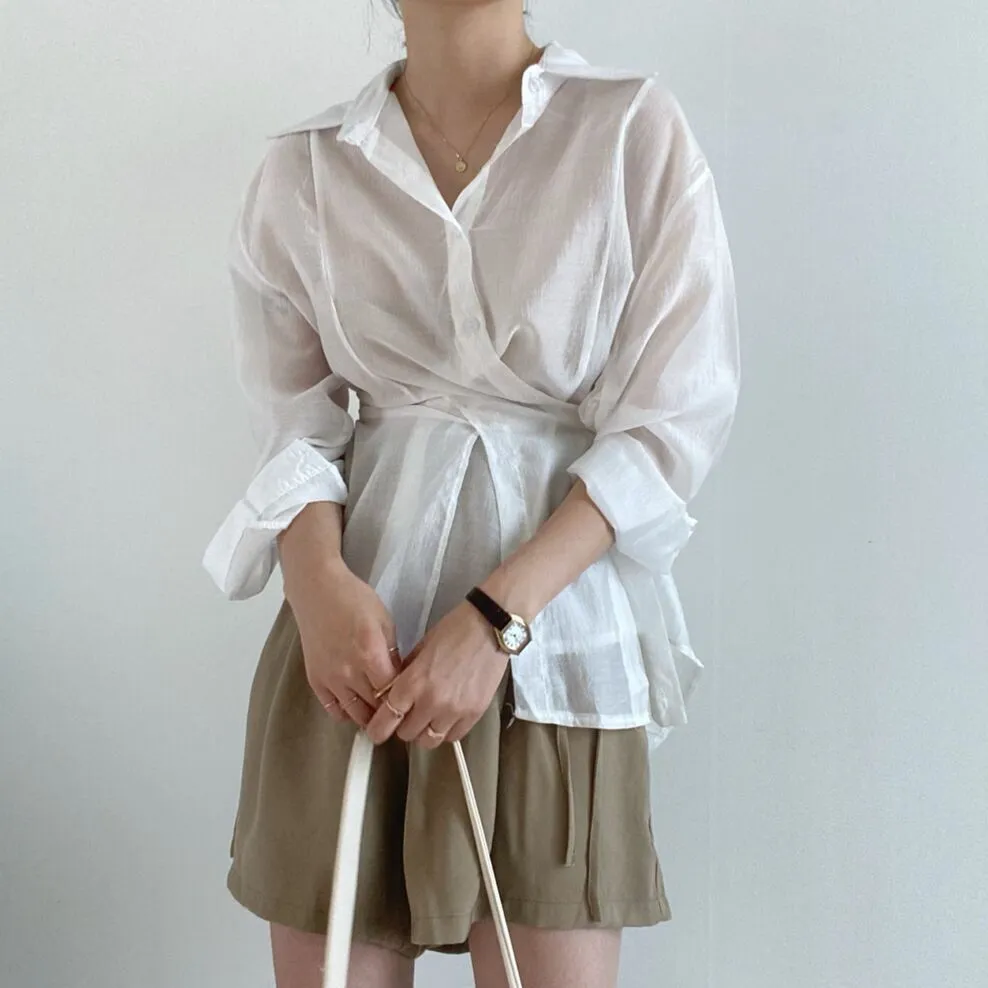 [Korean Style] Irregular Drawstring Belted See-through Blouse