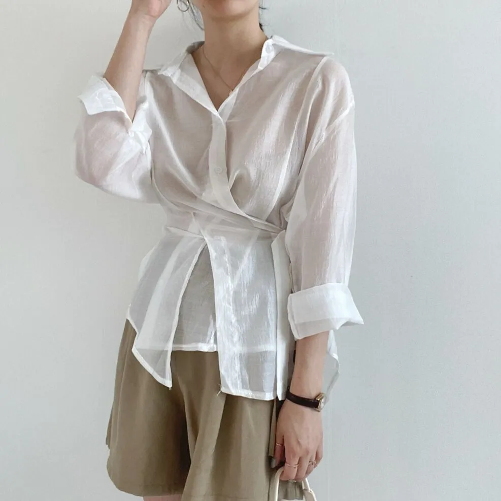 [Korean Style] Irregular Drawstring Belted See-through Blouse