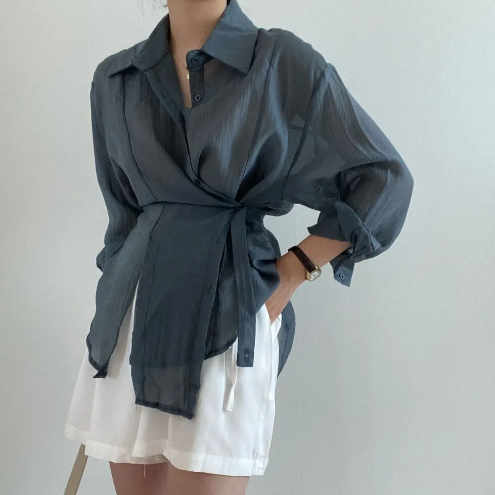 [Korean Style] Irregular Drawstring Belted See-through Blouse