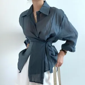 [Korean Style] Irregular Drawstring Belted See-through Blouse