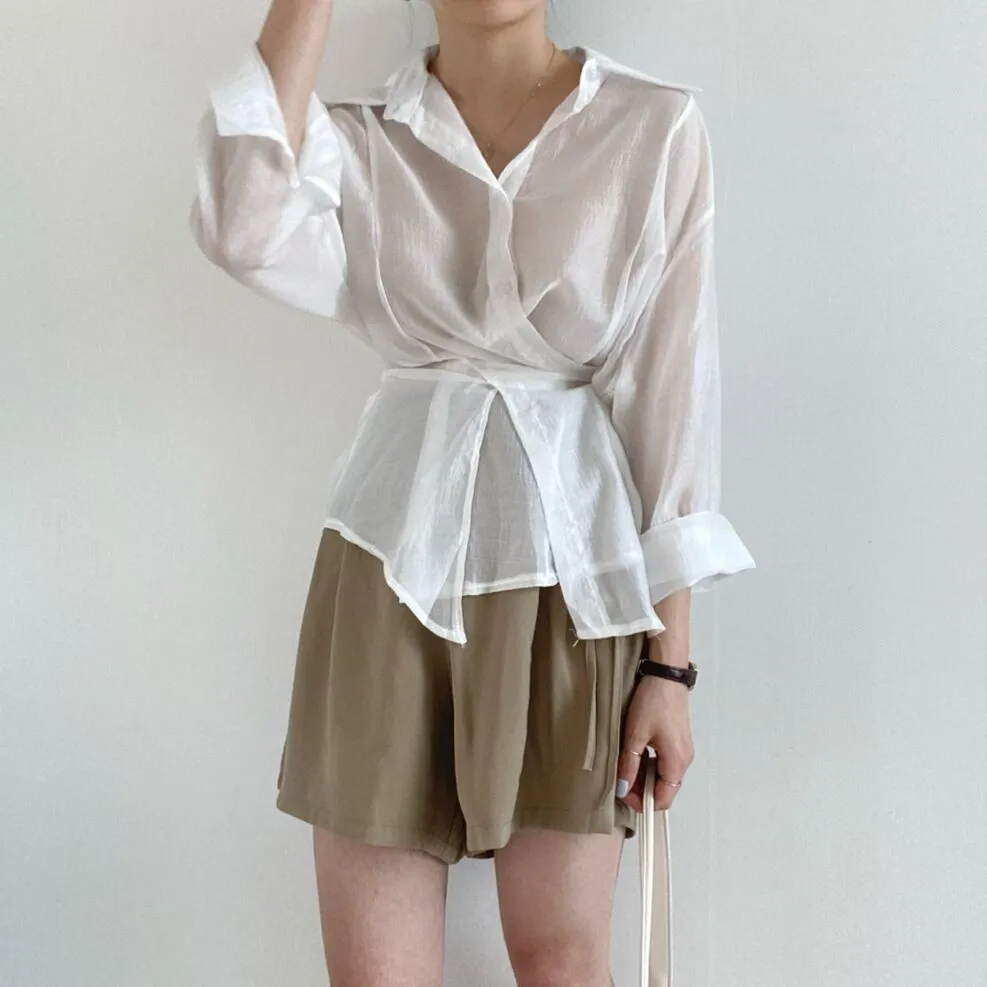 [Korean Style] Irregular Drawstring Belted See-through Blouse