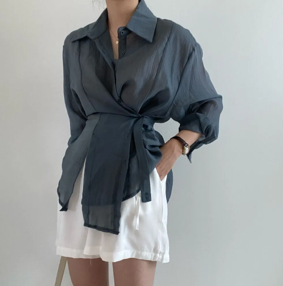 [Korean Style] Irregular Drawstring Belted See-through Blouse