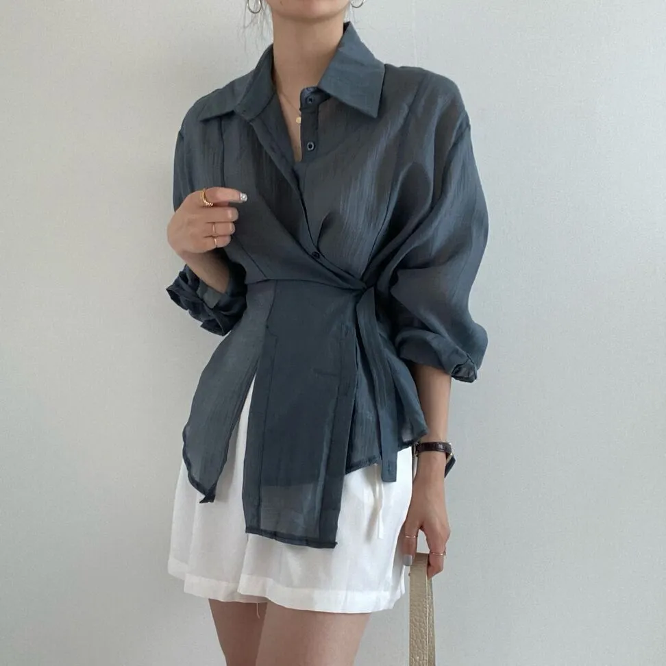 [Korean Style] Irregular Drawstring Belted See-through Blouse