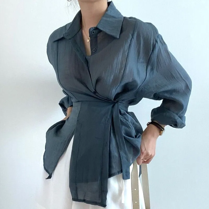 [Korean Style] Irregular Drawstring Belted See-through Blouse