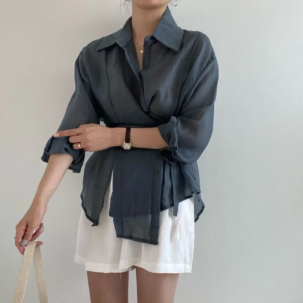 [Korean Style] Irregular Drawstring Belted See-through Blouse
